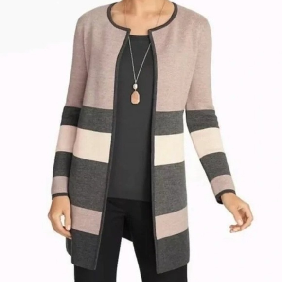 Talbots Merino Wool Cardigan Sweater Jacket Neutral Stripe Lagenlook Long Sz L - Picture 1 of 15